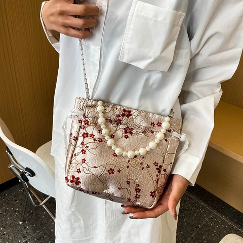 Vintage Chinese Floral Embroidered Drawstring Bucket Bag For Women Nylon Jacquard Shoulder Bag With Artificial Pearl Handle