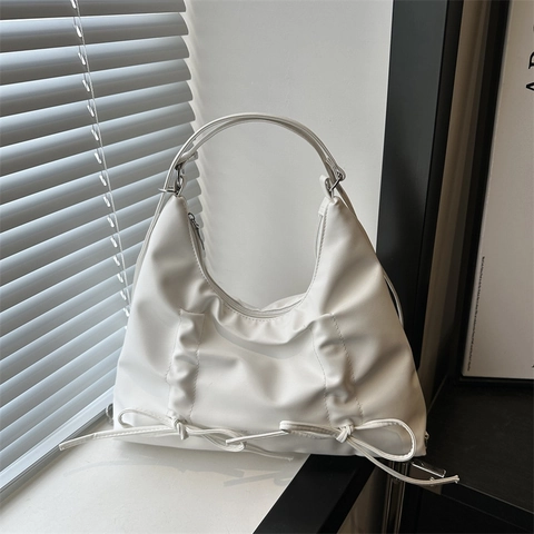 Bolso de Hombro de Cuero PU de Moda con Lazo Fruncido Gran Capacidad Color Sólido Urbano Minimalista para Mujer