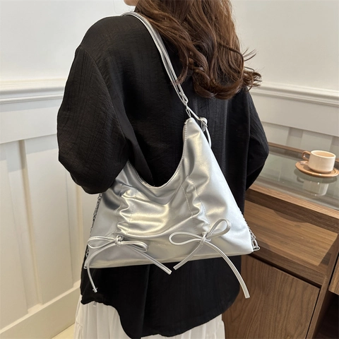 Bolso de Hombro de Cuero PU de Moda con Lazo Fruncido Gran Capacidad Color Sólido Urbano Minimalista para Mujer