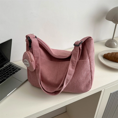 Large Capacity Corduroy Tote Bag For Women Solid Color Shoulder Bag With Mini Pouch Casual Commuting Crossbody Bag Handbag