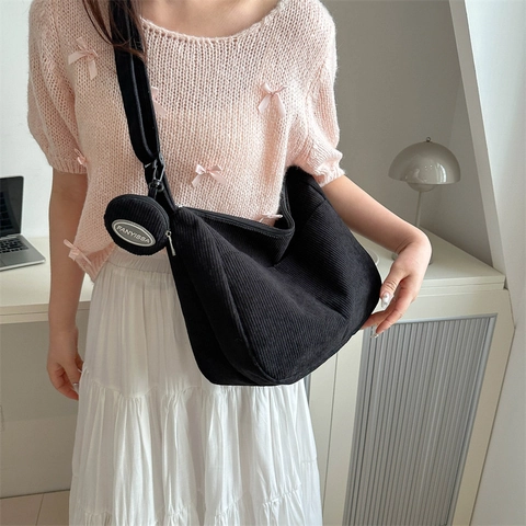 Large Capacity Corduroy Tote Bag For Women Solid Color Shoulder Bag With Mini Pouch Casual Commuting Crossbody Bag Handbag