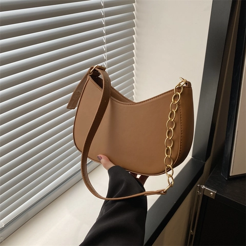 Bolso Hobo Retro de Cuero PU para Mujer Bolso de Hombro de Media Luna de Color Sólido con Cadena de Metal Dorado Correa Ajustable