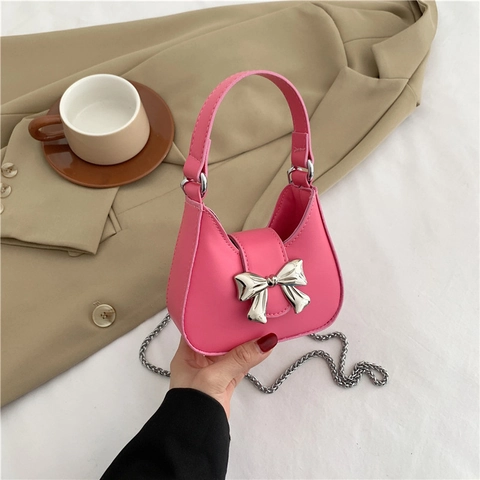 Elegant Women Shoulder Bag Synthetic Leather Metal Bow Knot Decoration Half Moon Hobo Bag Chain Strap Magnetic Closure