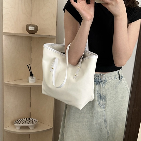 Bolso Tote de Cuero PU de Gran Capacidad para Mujer Minimalista Color Sólido Bolso de Hombro con Remaches de Metal Moda Diario