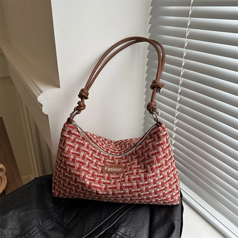 Damen Tweed Kariert Gewebte Schultertasche Nylon Unterarm Tote Tasche Mit Geknotetem Gurt Urban Einfach Täglich Pendeln Handtasche