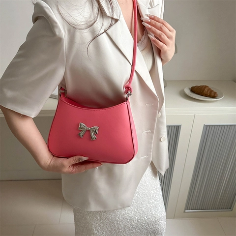 Trendy Metal Bow Women PU Leather Shoulder Bag Urban Minimalist Solid Color Underarm Bag Hobo Handbag Fashion Daily Commute