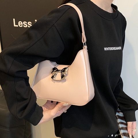 Mode Damen PU Leder Schleife Schultertasche Unterarmtasche Mit Kette Einfarbig Y2K Stil Kleine Handtasche