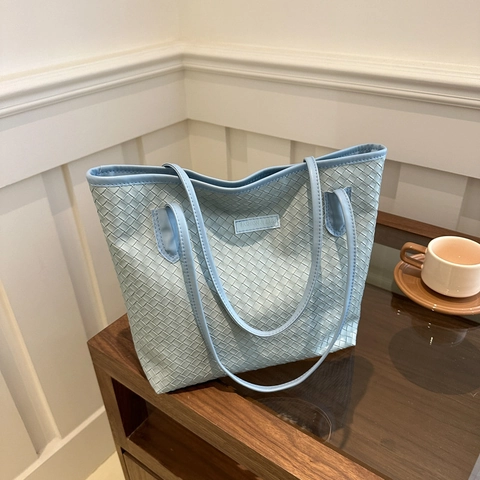 Gewebte PU Leder Shopper Damen Große Kapazität Kariert Pendler Umhängetasche Fashion Label Casual Unterarmtasche