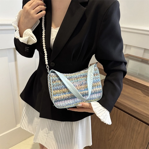 Borsa a Tracolla in Paglia Intrecciata con Farfalla Ricamata Strisce Colorate Borsa a Mano con Tracolla in Perle Artificiali Donna Vacanza