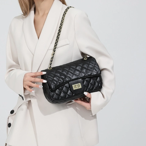 Sac Bandoulière Femme à la Mode en PU Treillis Losange Matelassé Élégant Chaîne Dorée Fermeture Pivotante Sac Carré Quotidien