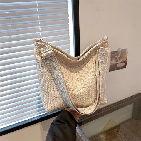 Borsa a Spalla da Donna Intrecciata in Paglia Grande Capacità Tote Con Tracolla Motivo Geometrico Etnico Borsa Mare Estate