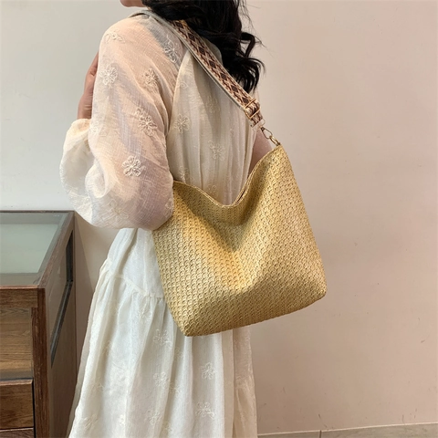 Borsa a Spalla da Donna Intrecciata in Paglia Grande Capacità Tote Con Tracolla Motivo Geometrico Etnico Borsa Mare Estate