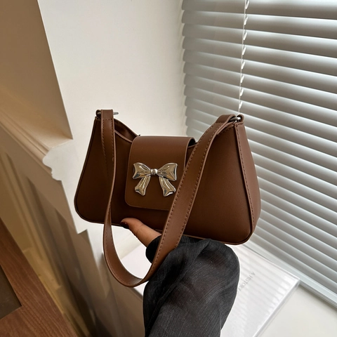 Bow Metal Decor Underarm Shoulder Bag Fashion PU Leather Small Square Bag Simple Solid Color Handbag Chic Crossbody Bag