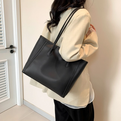 Women Large Capacity Urban Minimalist PU Leather Tote Bag Solid Color Casual Shoulder Bag Stitching Detail Fashion Handbag