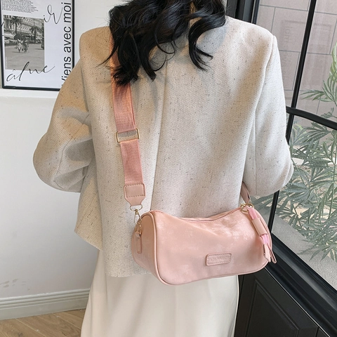 Bolso de Hombro Cilíndrico de Nailon de Color Sólido Retro para Mujer Bolso de Bandolera Casual de Gran Capacidad