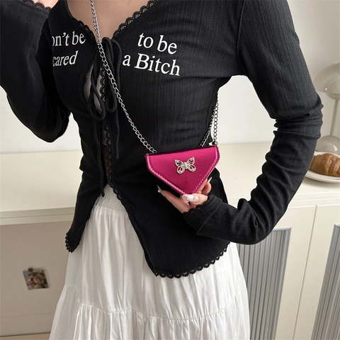 Women Metallic PU Leather Mini Triangle Crossbody Bag With Butterfly Bow Decor Fashion Street Trend Chain Strap Coin Purse