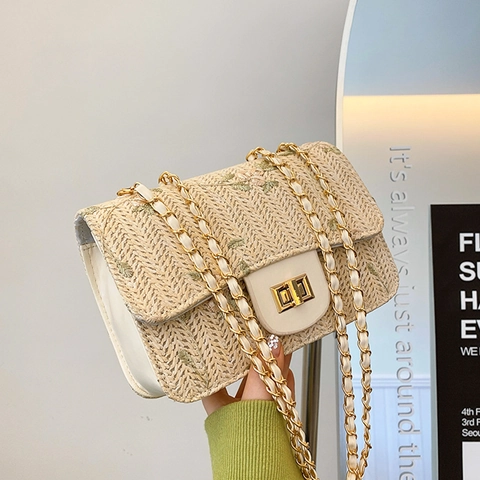 Borsa a Spalla in Paglia Ricamata con Fiori Donna Estate Spiaggia Intrecciata Catena Piccola Borsa a Tracolla Quadrata Vacanza Viaggio