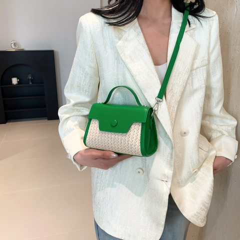 Damen Patchwork Gewebte Schultertasche PU Leder Kleine Quadratische Umhängetasche Sommer Strand Lässige Handtasche Gurt