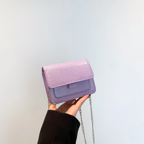Mini Sac Carré à Paillettes pour Femmes en Cuir PU Scintillant avec Chaîne en Métal Sac à Bandoulière à Rabat Sac à Main de Fête