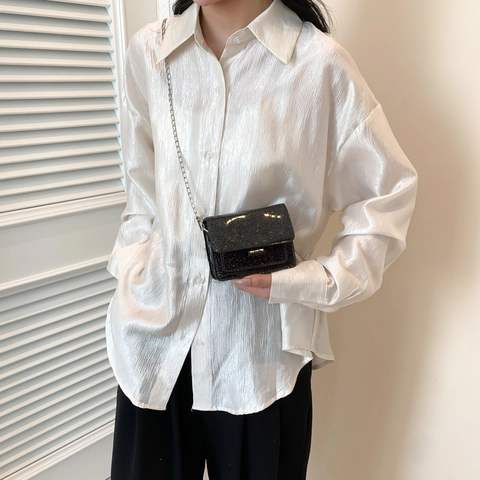 Mini Sac Carré à Paillettes pour Femmes en Cuir PU Scintillant avec Chaîne en Métal Sac à Bandoulière à Rabat Sac à Main de Fête