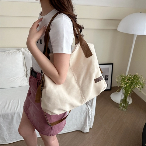Women Fashion Canvas Tote Bag Large Capacity Solid Color Casual Shoulder Bag With Adjustable Strap For Daily Commuting