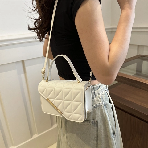 Fashion Quilted Diamond Pattern PU Leather Small Square Bag For Women Gold Metal Decor Crossbody Shoulder Handbag