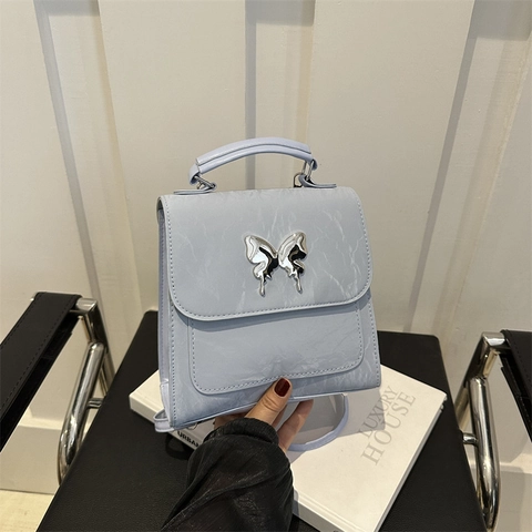 Women Fashion Pleated PU Leather Backpack Preppy Style Butterfly Buckle Small Square Shoulder Crossbody Bag Trendy Casual Handbag