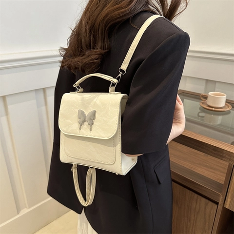 Women Fashion Pleated PU Leather Backpack Preppy Style Butterfly Buckle Small Square Shoulder Crossbody Bag Trendy Casual Handbag