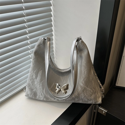 Borsa Tote da Donna in Pelle PU a Grande Capacità con Farfalla Trama Increspata Borsa a Tracolla Metallizzata con Catena