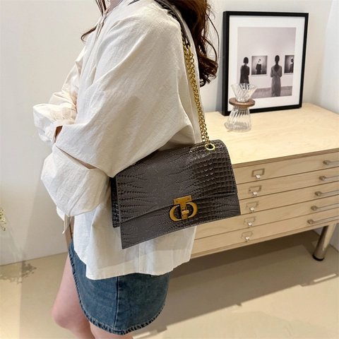 Dames Krokodillenpatroon Vierkante Tas PU Leer Ketting Schoudertas Crossbodytas Metalen Slot Elegante Retro Handtas