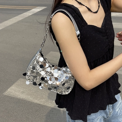 Women Shiny Large Sequin Shoulder Bag Fashion Metal Chain Underarm Bag Y2K Sparkly Party Evening Purse Trendy Disco Handbag