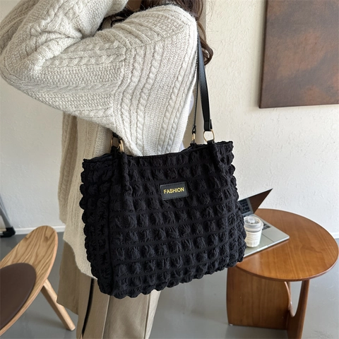 Fashion Women Popcorn Texture Nylon Tote Bag Large Capacity Casual Pleated Shoulder Bag Simple Commuter Underarm Handbag