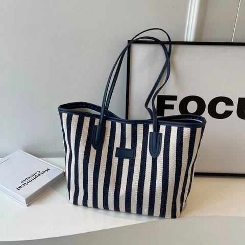 Borsa Tote in Tela a Strisce Verticali di Grande Capacità per Donna Borsa a Tracolla Artistica Minimalista Retro Shopping