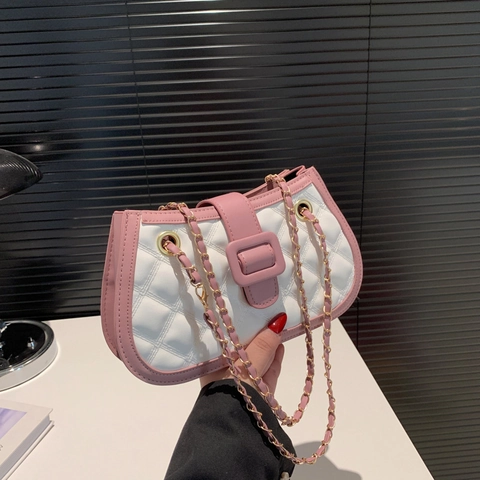 Bolso de Hombro para Mujer Acolchado de Rombos Cadena Moda Color de Contraste Bolso de Bandolera de Cuero PU Bolso de Mano Cuadrado Pequeño