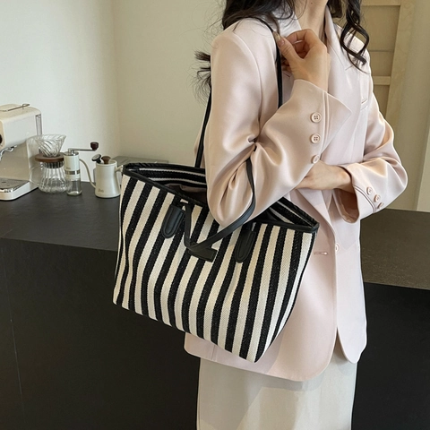 Borsa Tote in Tela a Strisce Verticali di Grande Capacità per Donna Borsa a Tracolla Artistica Minimalista Retro Shopping