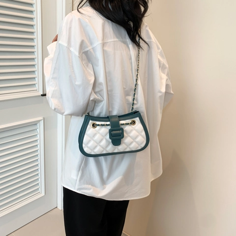Bolso de Hombro para Mujer Acolchado de Rombos Cadena Moda Color de Contraste Bolso de Bandolera de Cuero PU Bolso de Mano Cuadrado Pequeño