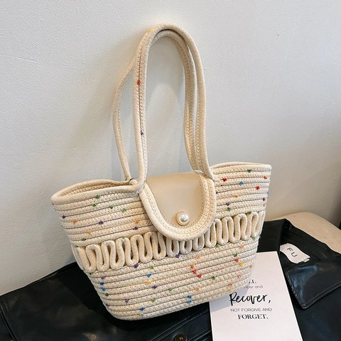 Bolso de Hombro de Paja Tejida para Mujer Gran Capacidad Lunares Arcoíris Tote Con Hebilla de Perla Artificial Lazo de Encaje Playa