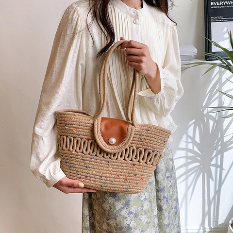 Bolso de Hombro de Paja Tejida para Mujer Gran Capacidad Lunares Arcoíris Tote Con Hebilla de Perla Artificial Lazo de Encaje Playa