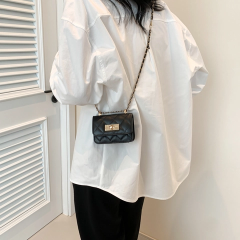 Fashion Women Quilted Mini Chain Crossbody Bag Classic Rhombus Stitching PU Leather Small Square Shoulder Purse With Turn-Lock