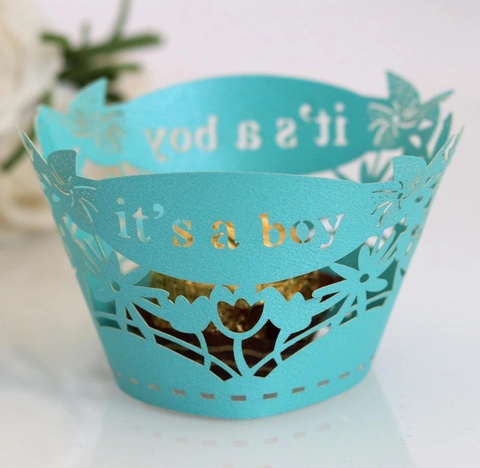 Involucri per Cupcake It's A Boy Tagliati al Laser Carta Perlata Cavi Decorativi per Feste di Baby Shower