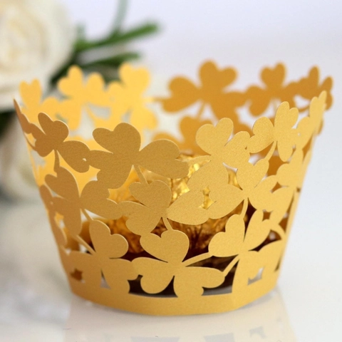 Laser Cut Cupcake Wrappers Hollow Clover Heart Pattern Pearlescent Paper Cake Wraps For Wedding Birthday Party Decorations
