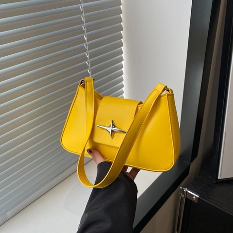 Bolso de Axila de Cuero PU para Mujer Hebilla de Estrella Metálica Bolso de Hombro Baguette Color Sólido Informal