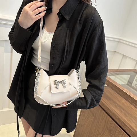 Bolso de Hombro de Cuero PU con Lazo de Moda para Mujer Color Sólido Cadena Casual Bandolera Bolso de Axila Elegante