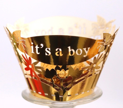 Involucri per Cupcake It's A Boy Tagliati al Laser Carta Perlata Cavi Decorativi per Feste di Baby Shower
