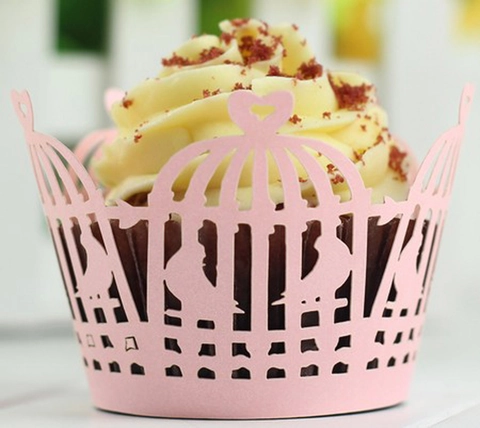Emballage de Cupcake Cage à Oiseaux Cœur Découpe Laser Papier Dentelle Creux Décoration de Gâteau pour Mariage Fête Table