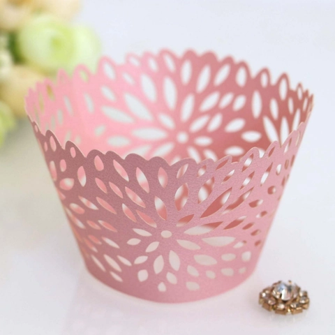 Elegant Laser Cut Floral Hollow Cupcake Wrappers Pearl Paper Lace Decoration For Wedding Birthday Anniversary Party Cake Wrapper
