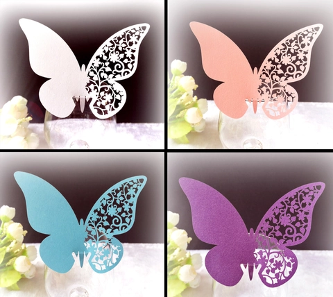 Cartes de Place Papillon Ajourées Coupe Laser Papier Perlé Cartes de Nom de Verre pour Décoration de Table de Mariage Fête