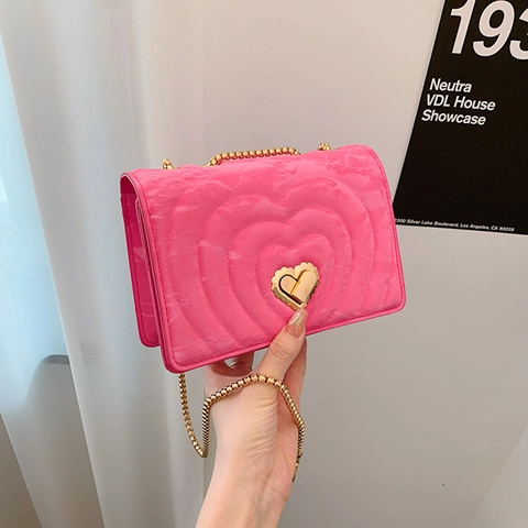 Herz Gesteppt Umhängetasche Goldkette Herzschloss PU Leder Crossbody Kleine Quadratische Tasche Mode Damen Party Handtasche