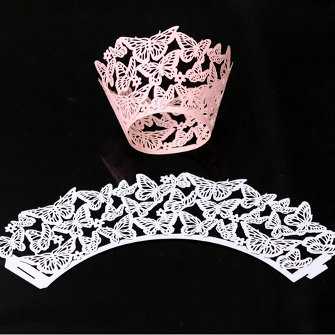 Butterfly Laser Cut Cupcake Wrappers Hollow Out Cardboard Cake Decor For Wedding Party Birthday Pearlescent Lace Border Wrapper