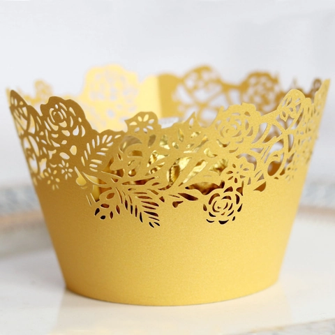 Elegant Laser Cut Cupcake Wrappers Rose Floral Hollow Pearlescent Cardboard Cake Borders For Wedding Birthday Party Decoration